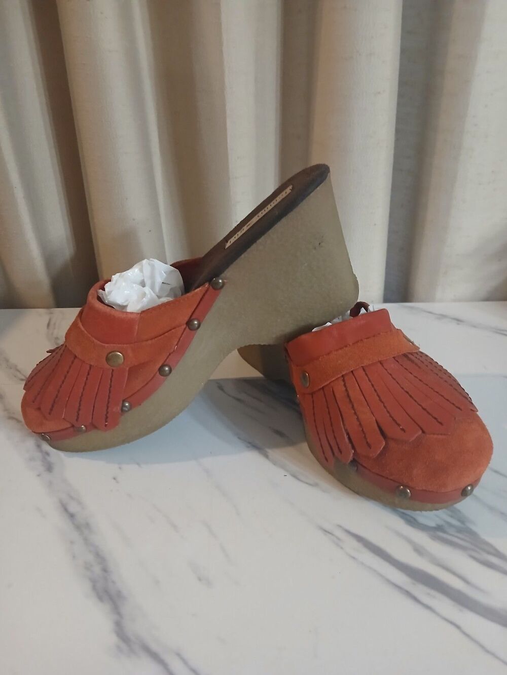 Tommy Girl Wedge Heel Mules Womens 8.M Red Leather Fringe Studded Y2K Boho